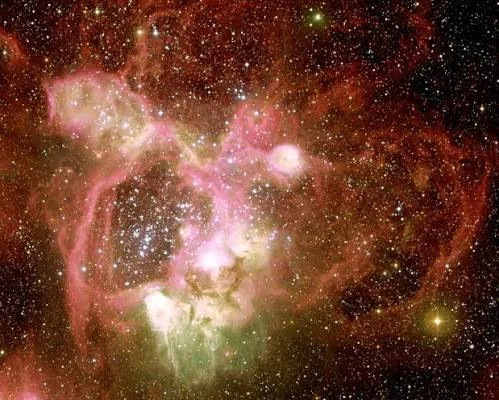 Hubble Uzay Teleskobu’nun görüntülediği N44 yıldız oluşum kompleksinde yaklaşık 210 x 140 ışık yılı büyüklüğündeki dev süper kabarcık ve çevresindeki yıldızlar görülüyor.