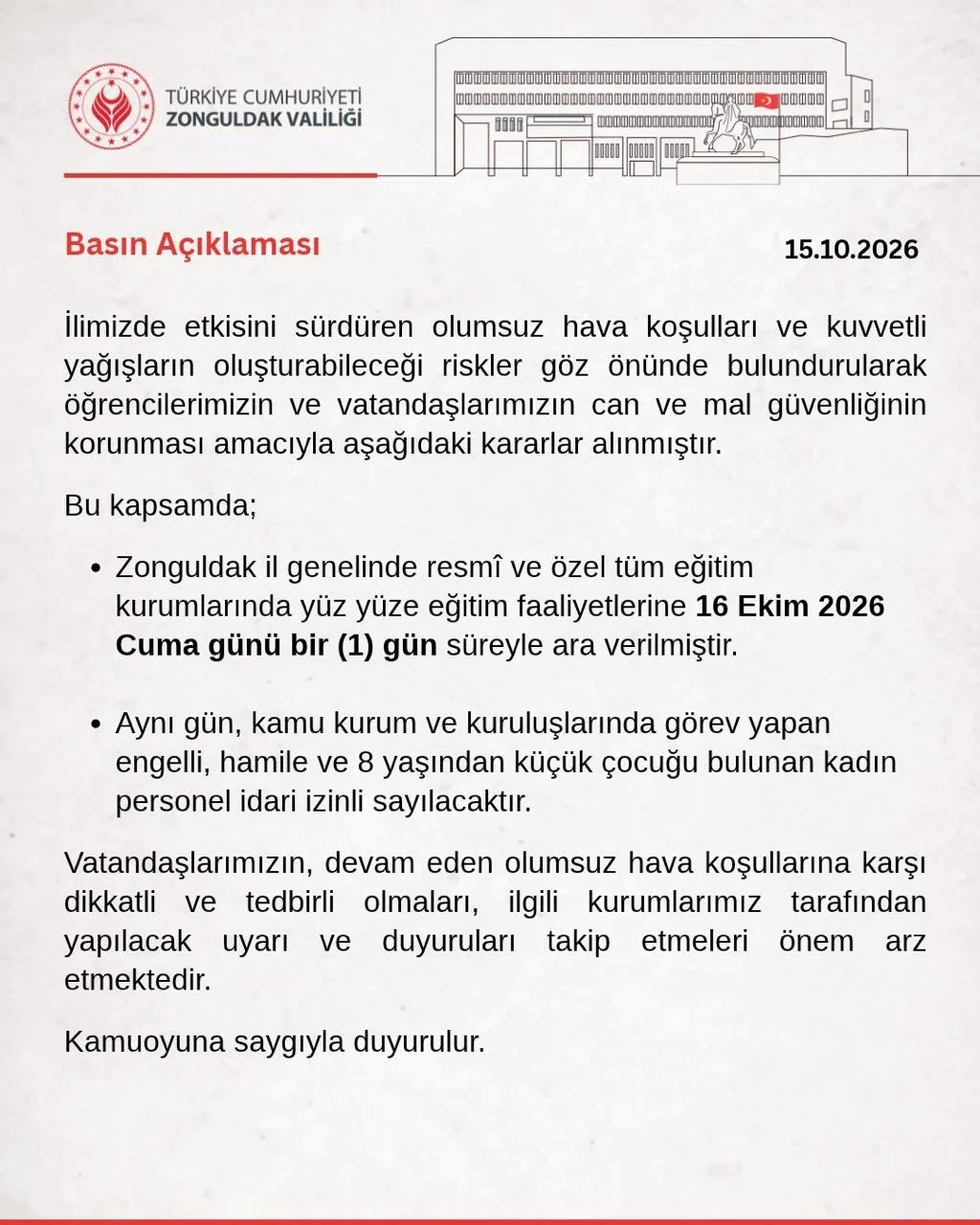 Zonguldak Valiliğinden yağış kararı: Okullara bir gün ara, bazı personele idari izin