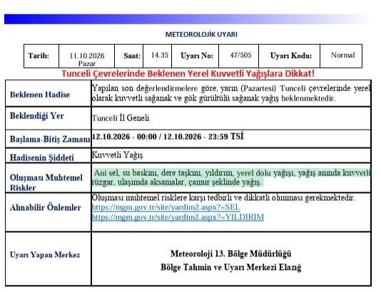 Tunceli için kuvvetli yağış uyarısı