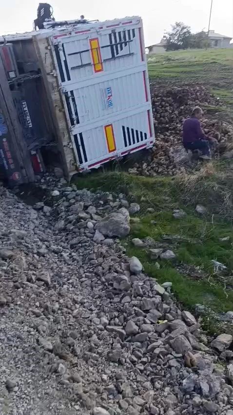 Elazığ’da pancar yüklü tır devrildi