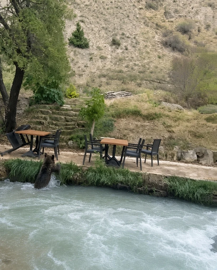 İnsanları görünce suya atladı! Yavru ayının kaçışı kamerada