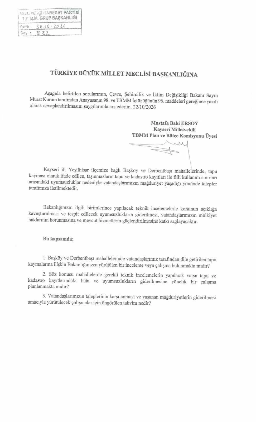 Baki Ersoy, Yeşilhisar’daki tapu kaymalarını TBMM gündemine taşıdı