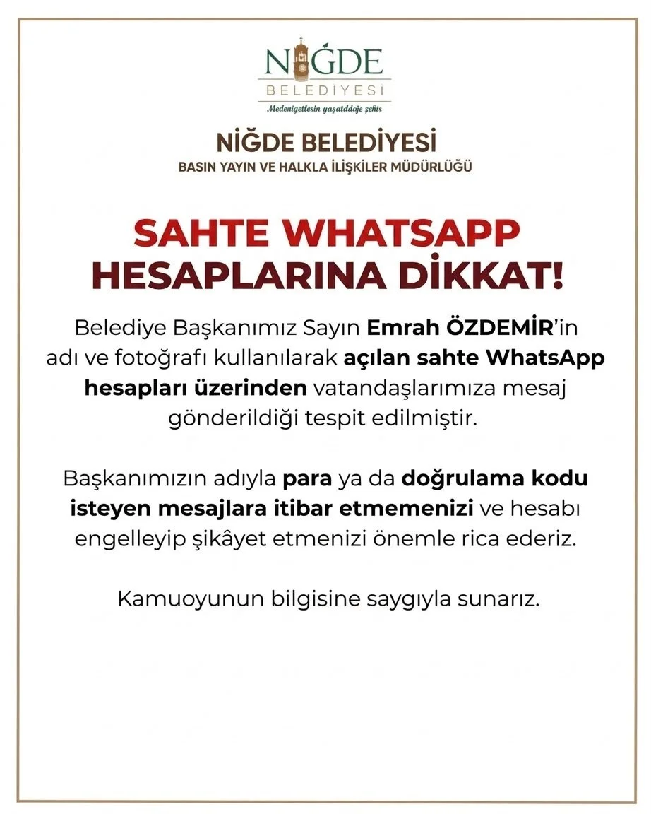 Niğde Belediyesi’nden "Sahte WhatsApp hesabı" uyarısı