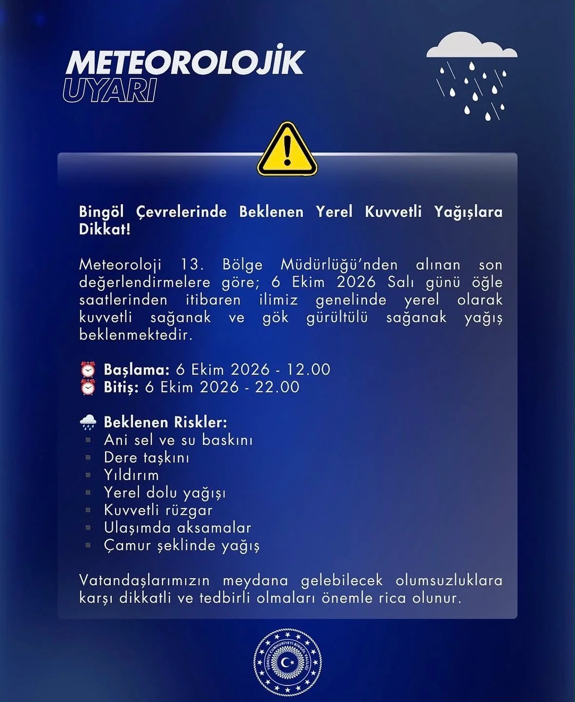 Bingöl için kuvvetli yağış uyarısı