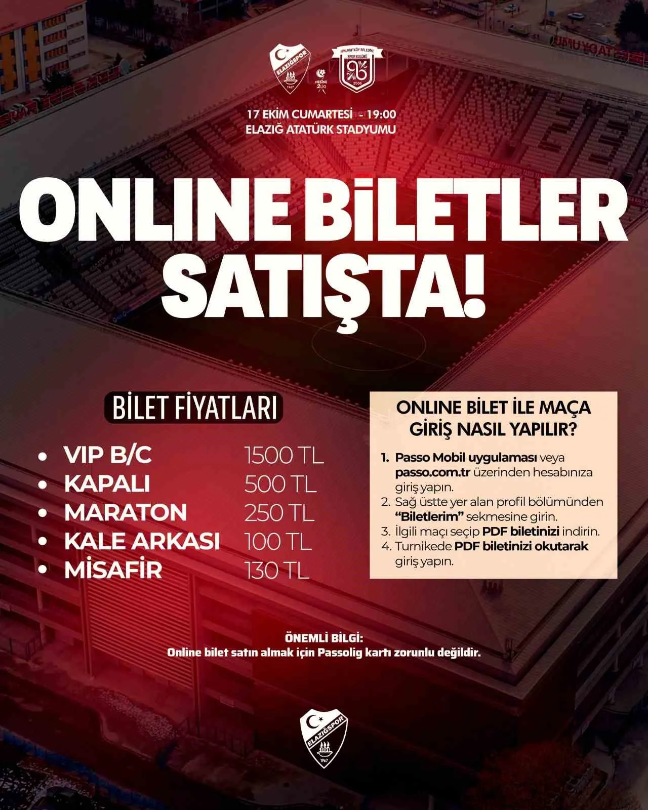 Elazığspor - Arnavutköy Belediyespor biletleri satışa çıktı