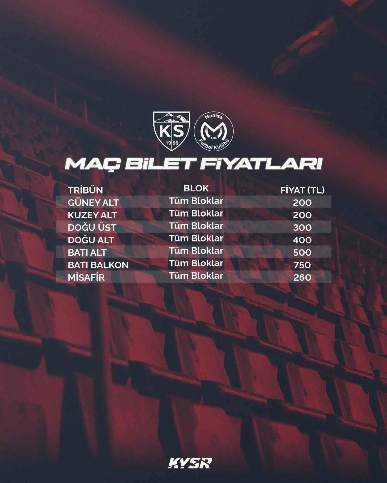 Kayserispor-Manisa FK maçının bilet fiyatları belli oldu