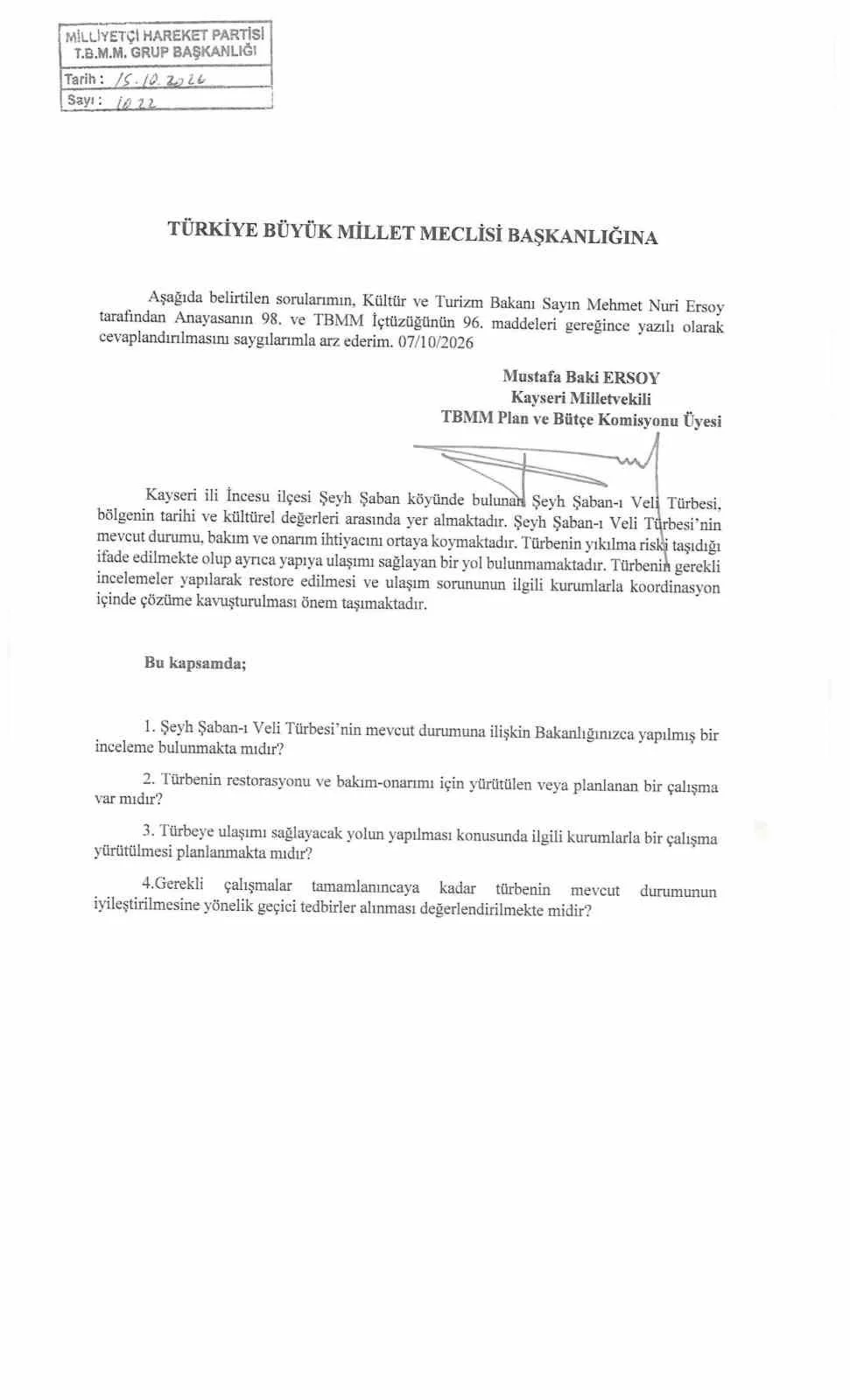 Baki Ersoy’dan İncesu Şeyh Şaban-ı Veli Türbesi için soru önergesi